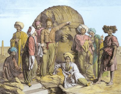 Monsieur Drovetti and his followers using a plumb line to measure a colossal head in the Egyptian desert, engraved by G. Engelmann, from 